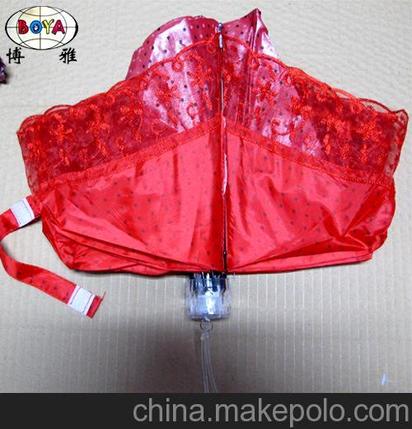 工厂直销可定制 珠光布蕾丝刺绣遮阳防晒超轻折叠三折晴雨伞